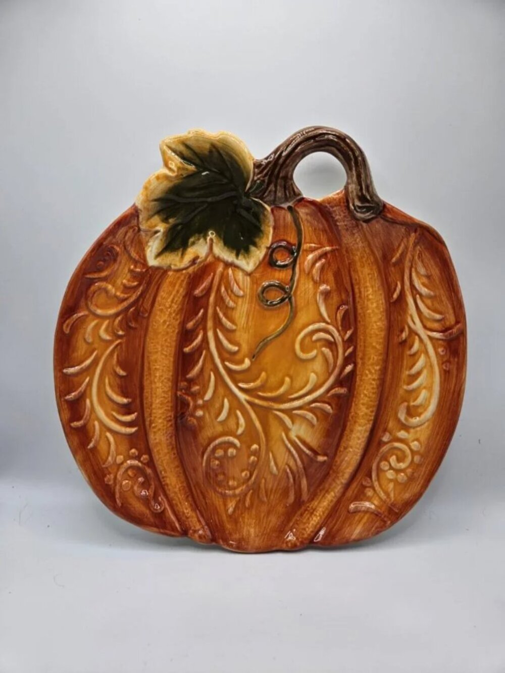 Heritage Harvest Ceramic Pumpkin Platter 9.5" Fall Thanksgiving Decor